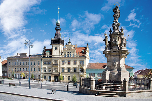  town hall and Marian column from 1739, historical town center of town Kladno, Central Bohemia, Czech republic