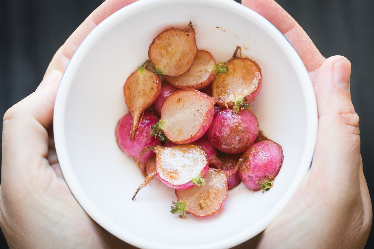 CloseUp of Roasted Radishes in a Small Bowl